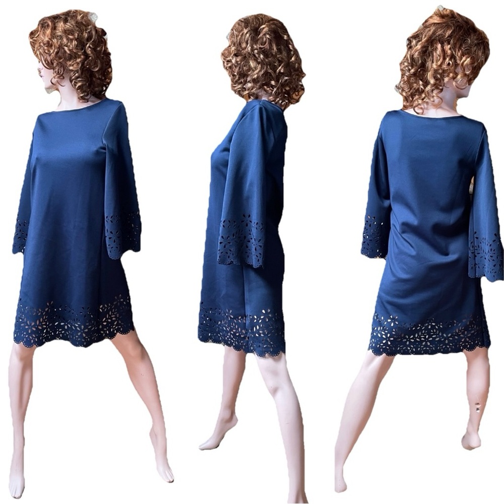 SHARAGANO Navy Blue CUTWORK Knee Length CLASSIC DRESS Size 6